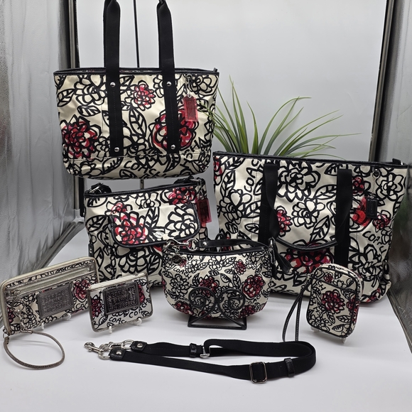 Coach Handbags - Coach Poppy Graffiti Daisy Kyra Black Red Tote Purse Wallet Wristlet Bag 7 Peice